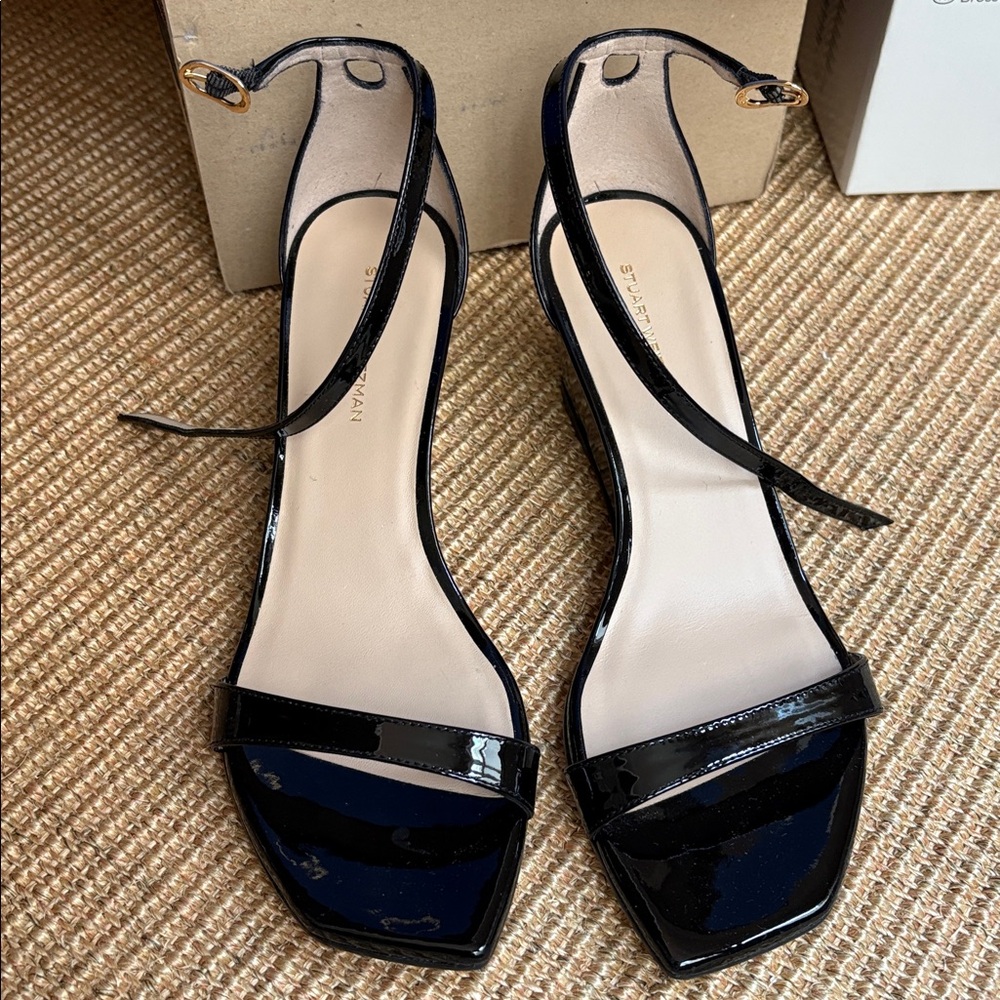 NWT Stuart Weitzman Nudistcurve 50 Black Patent Leather Wedges Sandals 7 - Picture 5 of 11